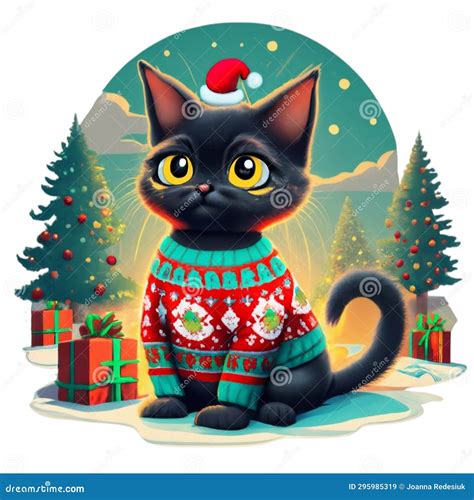 Black Kitten On The Background Of Christmas Trees Round Graphics Stock