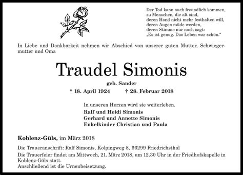 Traueranzeigen Von Traudel Simonis Rz Trauer De