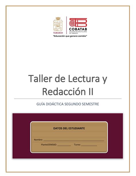 Segundo semestre Guía didáctica del Estudiante Taller de Lectura y