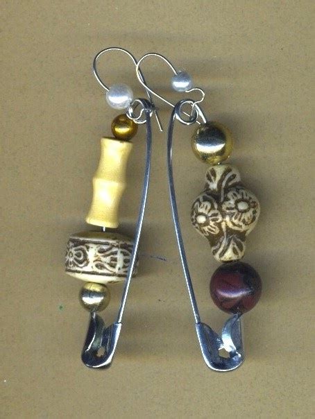 Brown And Beige Earrings Beads On Safety Pins By Donna Kuhn