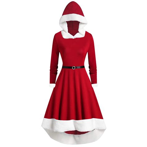 Apexfwdt Womens Christmas Dresses With Hood Furry Trim Dress Mrs Santa Claus Holiday Cocktail