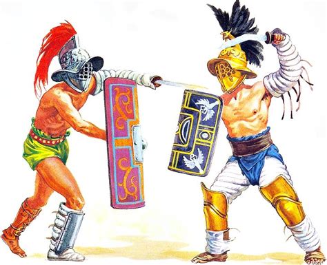 Two Men Dressed In Roman Gladia Fighting Each Other With Shields And