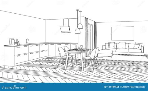 Modern House Interior Design Project Sketch Stock Illustration