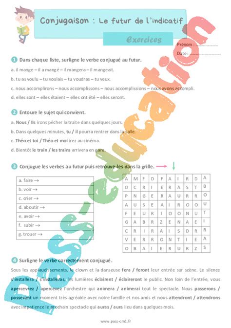 Le Futur De Lindicatif Exercices De Conjugaison Pour Le Cm Pdf