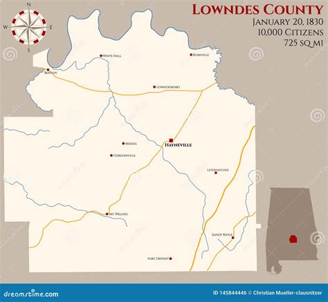 Map of Lowndes County in Alabama Stock Vector - Illustration of rivers, cartography: 145844446