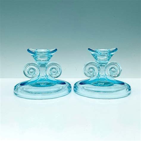 Pair Of Fostoria Glass Candlesticks In Blue June Pattern Sold At Auction On 14th December