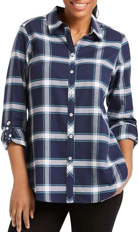 Foxcroft Womens Zella Brushed Windowpane Blouse Button Down Shirt