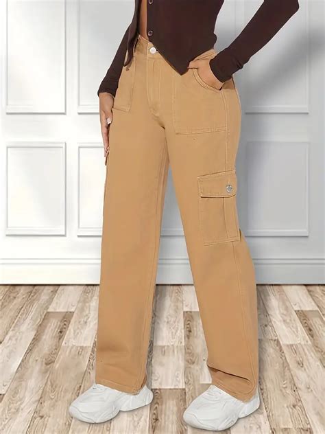 Plain Flap Pockets Cargo Pants Loose Fit Non Stretch Y2k Temu