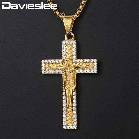 Davieslee Mens Pendant Necklace Cross Crucifix Jesus Christ Iced Out Cz