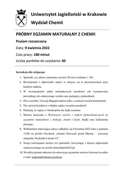 Próbna matura z chemii 2022 r z Wydziałem Chemii Uniwersytetu