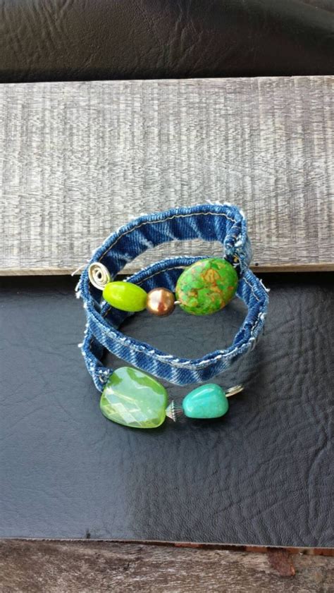 Upcycled One Of A Kind Recycled Denim And Green Bead Wrap Bracelet