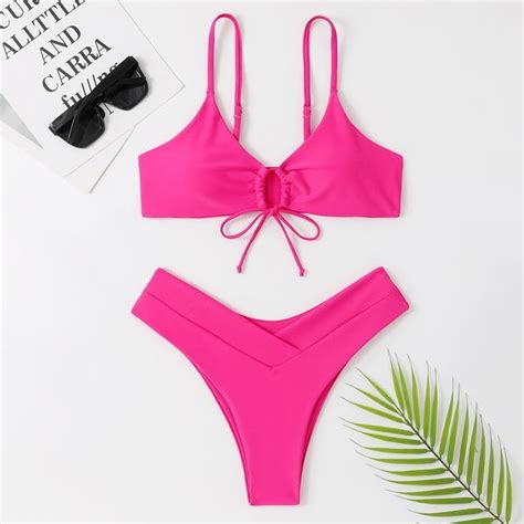 Frutto Plain Drawstring Bikini Set Yesstyle