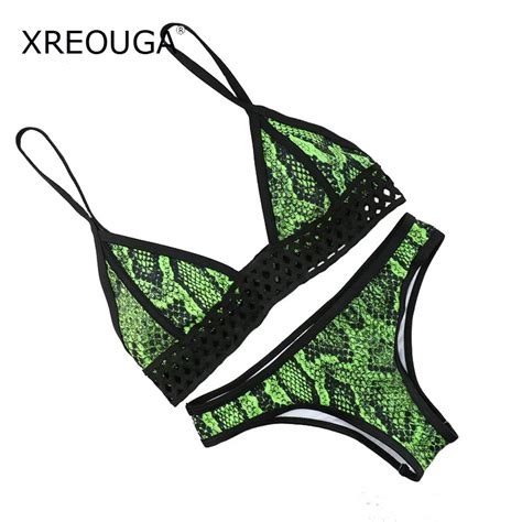 Xreouga Women Green Snakeskin Print Bikini Set Hollow Out Swimsuit Two