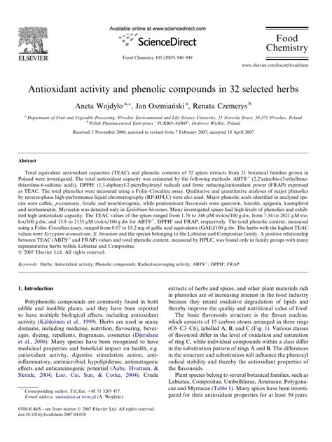 (PDF) Antioxidant activity of phenolic compounds in 32 selected herbs 