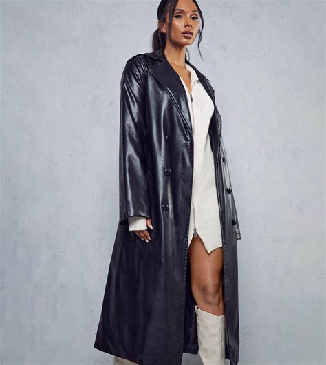 Buy MissPap Leather Look Longline Trench Coat In Black 6thStreet Qatar