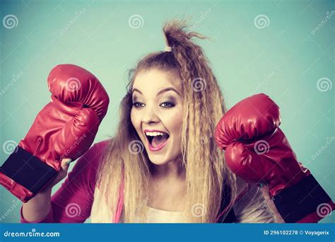 Funny Girl In Red Gloves Playing Sports Boxing Stock Photo Image Of