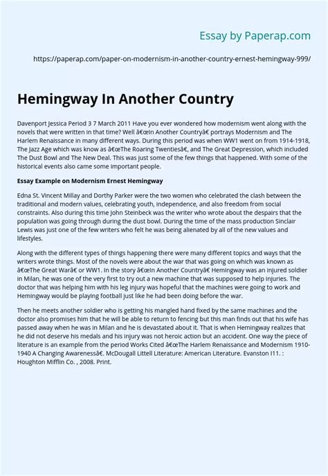 Hemingway In Another Country Free Essay Example