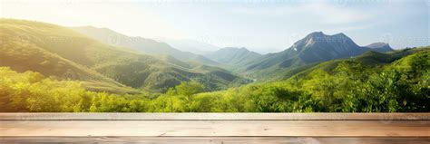 Wooden table terrace with backdrop garden plantation against the sky ...