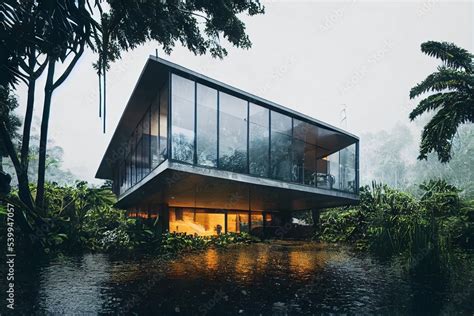 Modern design house in the rainforest jungle Stock Illustration | Adobe ...