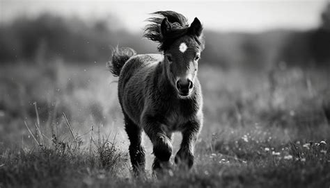 Ein Schwarz Wei Foto Eines Ponys Das Auf Einem Feld Rennt