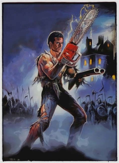 a painting of a man holding a chainsaw