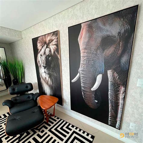 Quadro Grande Elefante em Tela Canvas Moldura Prata Imponência e