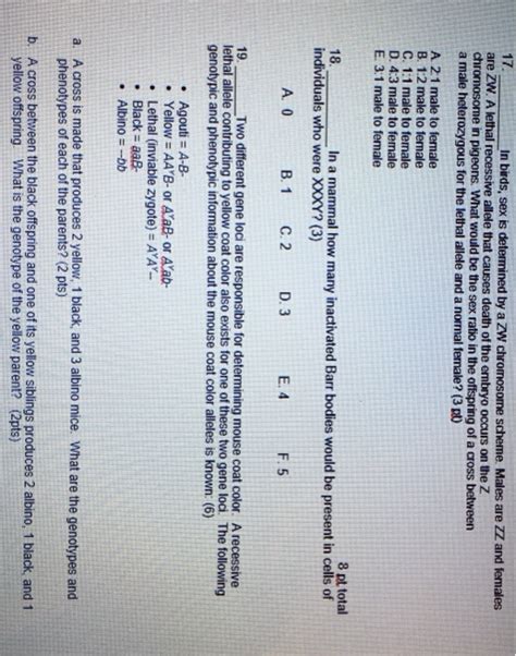 Solved 17 In Birds Sex Is Determined By A ZW Chromosome Chegg