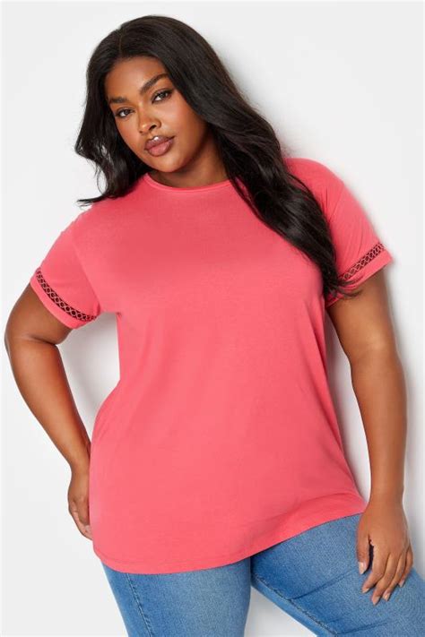 Yours Plus Size Coral Pink Crochet Trim Short Sleeve T Shirt Yours