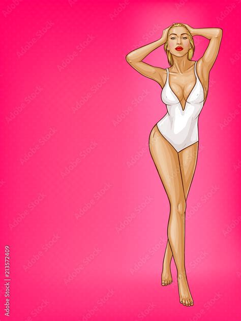 Vector Pop Art Blonde Woman With Wet Hair Blue Eyes In White One Piece Swimming Suit Isolated