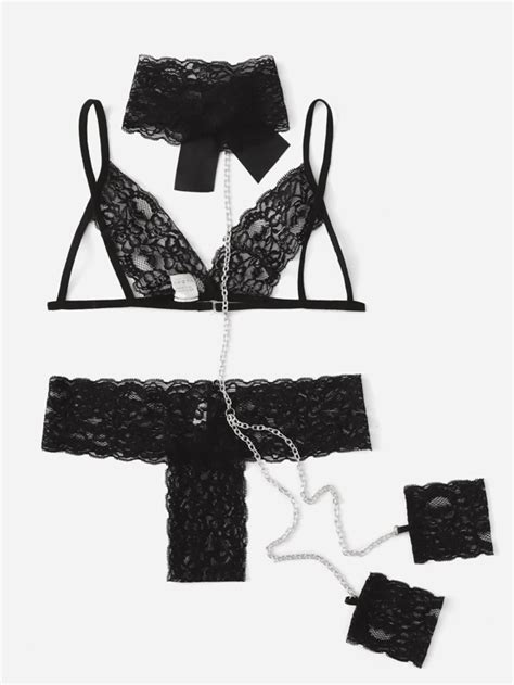 Floral Lace Lingerie Set With Chain Linked Choker Shein Uk