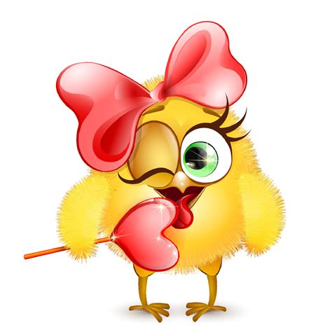 Funny cartoon little yellow chick girl with red bow and licking heart ...