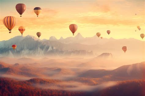 Premium AI Image Scenic Mountains Colorful Sunset Floating Hot Air Balloons Generative AI