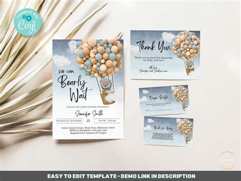 Editable We Can Bearly Wait Baby Shower Invitation Template Bundle Bear Invitation Hot Air