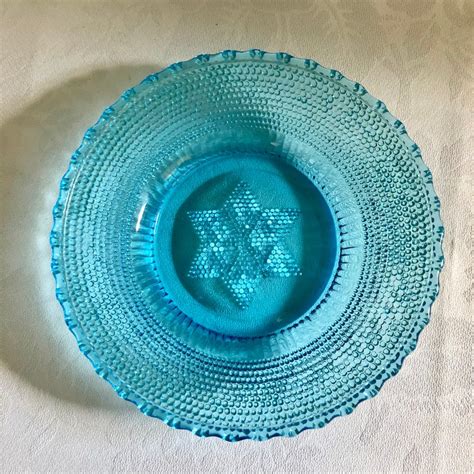 Vintage Blue Depression Glass Plate Star Pattern Beaded Hobnail 1960s