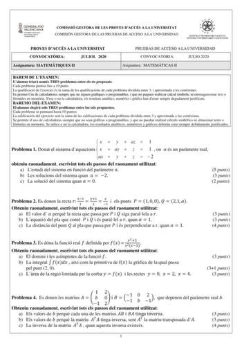 Exámenes de EBAU de Matemáticas II del 2020 Descargar exámenes