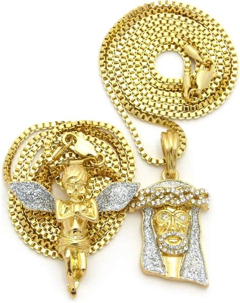 NEW ICED OUT JESUS FACE ANGEL PENDANT BOX CHAINS HIP HOP NECKLACE