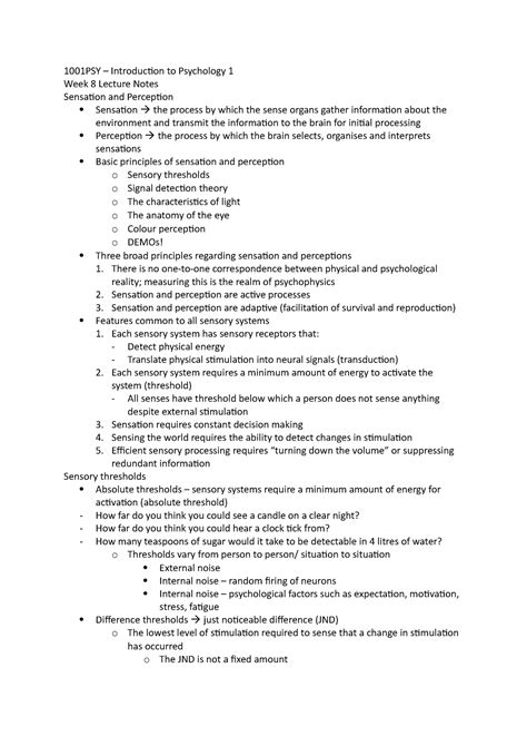 Week 8 Lecture Notes 1001PSY Introduction To Psychology 1 Week 8