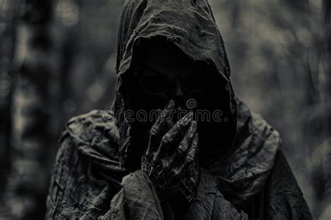 Dark Hooded Figure With Skeleton Face And Hands In An Eerie Atmosphere Perfect For Halloween