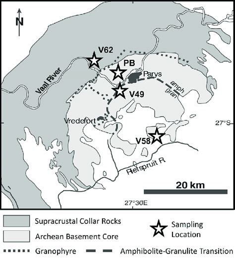 Map Showing Sampling Locations For Vredefort Impact Structure In South