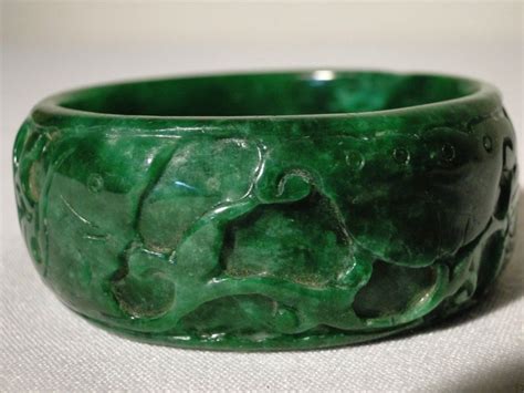 Antique Chinese Imperial Green Jade Bangle China Hand Carved Fish Lotus