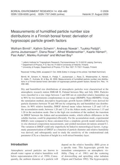 Measurements Of Humidified Particle Number Size Distributions In A