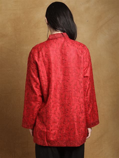 Flame Scarlet Pure Silk Kashmiri Short Jacket With Aari Embroidered