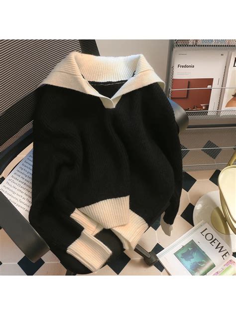 Women Autumn Winter Turn Down Collar Contrast Color Patchwork Knitwear