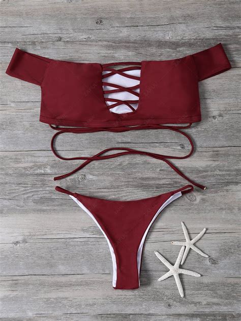 Off Lace Up Off The Shoulder Bikini Set In Red Zaful