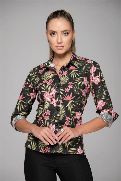 Camisa Feminina Social Manga Longa Floral Ayden Premium Distribui Es