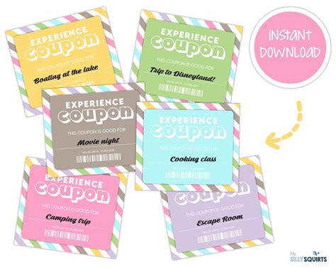 printable experience coupons gift coupons  kids kids printable