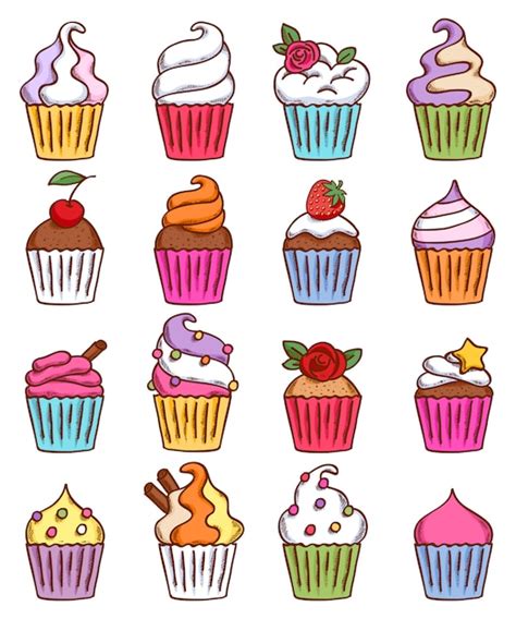 Boceto Colorido Doodle Mano Dibujado Estilo Cupcakes Conjunto Vector