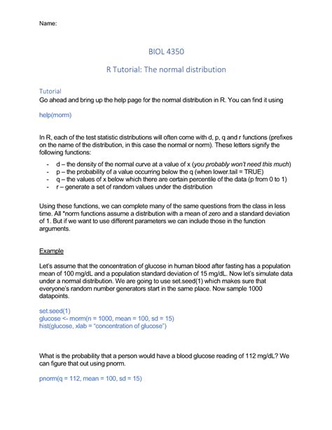 Biometry Computer Tutorial The Normal Distribution Biol R