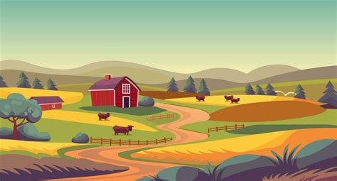 Rural landscape illustration for background. Farmhouse and barns, cows ...