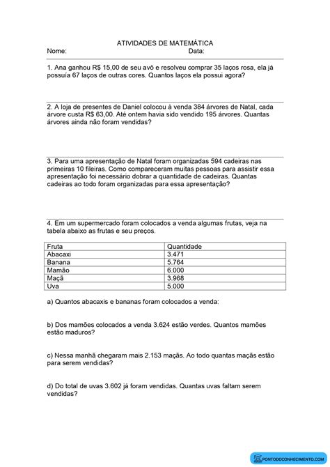 Atividades De Matemática Com Situações Problemas Com Tabela E Sistema